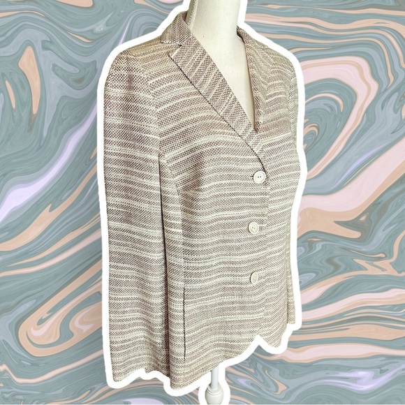 Akris Neutral 100% Silk Tweed 3 Button Curved Hem Blazer Women’s Plus Size 16 - Picture 8 of 13